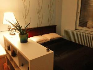 a bedroom with a bed and a table with a potted plant at Stylish Apartment in Old Town in Sarajevo