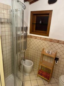 a bathroom with a toilet and a glass shower at Il Nido di Fede e Romy in Castelnuovo Berardenga