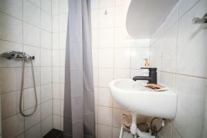 een witte badkamer met een wastafel en een douche bij Cozy City Apartments in center K19 in Wenen