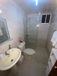ein Bad mit einer Dusche, einem WC und einem Waschbecken in der Unterkunft Apartamento luminoso, espacioso y funcional, como en casa in El Seis