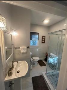 a bathroom with a shower and a sink and a toilet at Private Suite In Huntington Station in Huntington Station