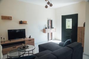 salon z niebieską kanapą i telewizorem w obiekcie Captain's Apt w mieście Arillas