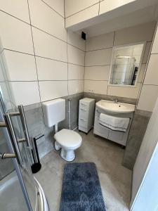 a bathroom with a toilet and a sink at Ferienwohnung Steinebach 
