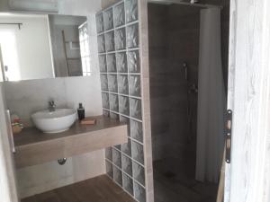 a bathroom with a sink and a shower with a mirror at Spedion Kefallonia in Pesádha