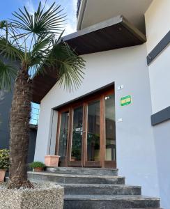 una palmera frente a un edificio blanco en Hotel Aurora, en Colico