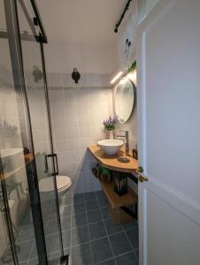 a bathroom with a sink and a toilet and a mirror at LINO'S HOUSE in Sori +55 photos