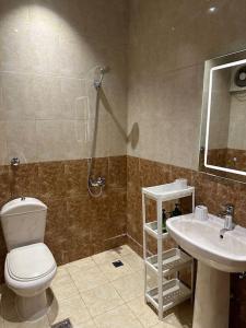 La salle de bains est pourvue de toilettes, d'un lavabo et d'une douche. dans l'établissement وحدة سكنية فاخرة 2 Luxury residential unit, à Médine