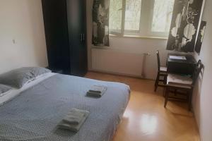 ブダペストにあるDamati Kft Liszt Ferenc ter Inner City Flatのベッドルーム1室(ベッド1台、タオル2枚付)