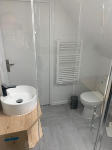 La salle de bains blanche est pourvue d'un lavabo et de toilettes. dans l'établissement Appartement Cosy, Résidence de l’Ecluse, à Arques