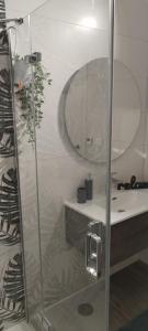 a bathroom with a shower with a sink and a mirror at Villa Ulika in Fažana