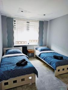 2 łóżka pojedyncze w pokoju z oknem w obiekcie Apartament Kościuszko w mieście Głogówek