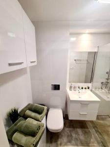 La salle de bains blanche est pourvue d'un lavabo et de toilettes. dans l'établissement Apartament Ustecka Syrenka, à Ustka