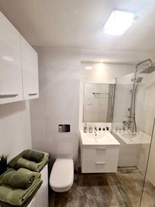a white bathroom with a toilet and a sink at Apartament Ustecka Syrenka in Ustka