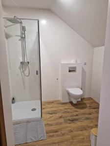 uma casa de banho com um chuveiro e um WC. em Noclegi Nad rzeką Białą em StrÃ³Å¼e