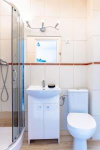 a bathroom with a toilet and a sink and a shower at Willa Bliźniak 2 - Wyżywienie wliczone w cenę in Karwia