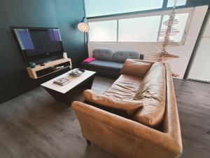 a living room with a couch and a tv at gîte en provence in Peypin