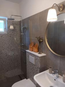 a bathroom with a shower and a toilet and a sink at Petra's House in Komaji +15 photos