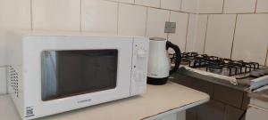 a microwave oven sitting on a counter in a kitchen at Cabaña Carpintero negro in Dalcahue +17 photos