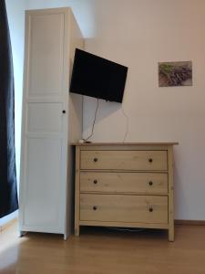um quarto com uma cómoda e uma televisão por cima em nice apartment em Viena