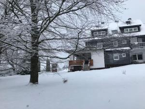 a snow covered house with a tree in front of it at Urlaub im Grünen - Ferienwohnung EG im Brunnenhof in Reichshof 