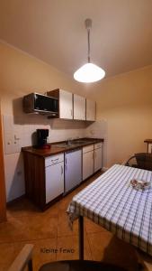 een keuken met een tafel, een wastafel en een magnetron bij Hohlfeld´s Ferienwohnung in Bad Schandau