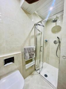 ein Bad mit einer Dusche und einem WC in der Unterkunft 2 Bedroom Flat or Appartment near Heathrow with Garden in Uxbridge
