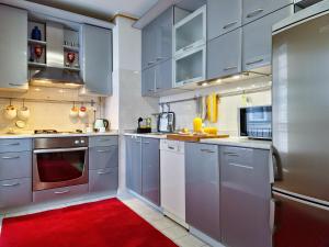 een keuken met blauwe kasten en een rood tapijt bij Abrazo Sarajevo in Sarajevo