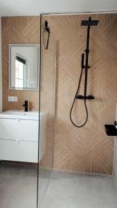 a bathroom with a shower with a sink and a mirror at Mabé in Lauta