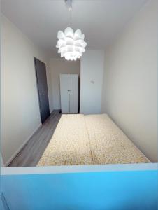 an empty room with a bed and a chandelier at Apartament w rynku in Radków