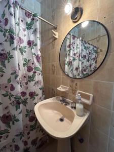 a bathroom with a sink and a mirror and a shower curtain at Departamento 1 dormitorio 3 personas Gran Mendoza in Guaymallen +12 photos