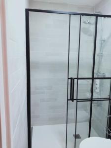 a glass shower stall with a toilet in a bathroom at B&b Casa Flamenca in Cúllar-Vega