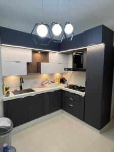 a kitchen with black cabinets and white appliances at Comfortia Guest House 3 Bed with DringDining in Karachi