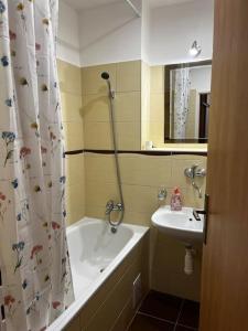 y baño con bañera y lavamanos. en Rodinný apartmán neďaleko centra en Banská Bystrica