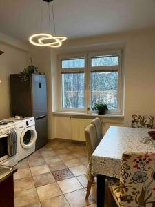 cocina con nevera y mesa con microondas en Rodinný apartmán neďaleko centra en Banská Bystrica