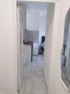 リバルスカ・バンヤにあるApartman Aleksandar 2の白いキッチンと鏡付きの廊下