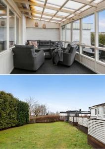 two pictures of a patio with couches and a table at Stort hus uthyres med utegård gräsmatta in Borås
