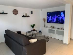 a living room with a couch and a flat screen tv at AUBERGE APPARTEMENT ORMESSON SUR MARNE / SUCY EN BRIE in Sucy-en-Brie