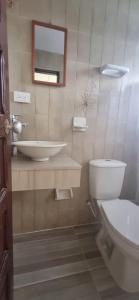 uma casa de banho com um WC, um lavatório e um espelho. em Hotel Almirante Padilla em Ríohacha