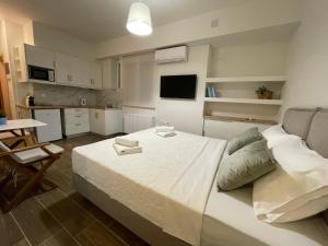 a bedroom with a large bed and a kitchen at Cute studio near acropolis in Athens