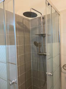eine Dusche mit Glastür und Duschkopf in der Unterkunft Civico 8 in Prato