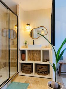 瑞維尼亞克的住宿－appartement paradise tropical，一间带水槽和淋浴的浴室
