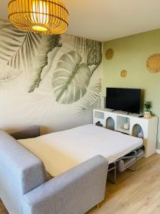 a bedroom with a bed and a tv and a couch at appartement paradise tropical in Juvignac