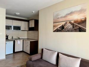 a living room with a couch and a kitchen at Hotel Silver in Sozopol