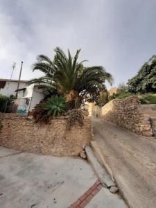 una pared de piedra con palmeras junto a una calle en Private pool in Lecrin 30 min Granada/beach, en Albuñuelas