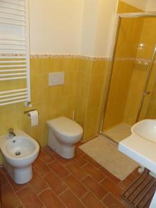 a bathroom with a toilet and a shower and a sink at B&B Il vecchio pero in Capriglio