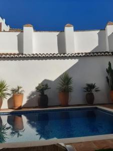una piscina con plantas al lado de un edificio en Private pool in Lecrin 30 min Granada/beach, en Albuñuelas