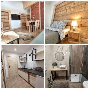 a collage of pictures of a bedroom and a bathroom at Apartamenty Przy Rynku Szaflary in Szaflary