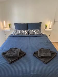 ein blaues Bett mit Handtüchern darüber in der Unterkunft Le Minage l Wifi l Centre-Ville in Angoulême