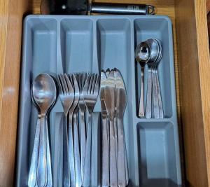 a tray of utensils in a drawer with forks and spoons at Jaye’s Home in Arona