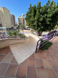 a park with a bench and trees and buildings at Hany apartment Tropic mar 18-C in Benidorm